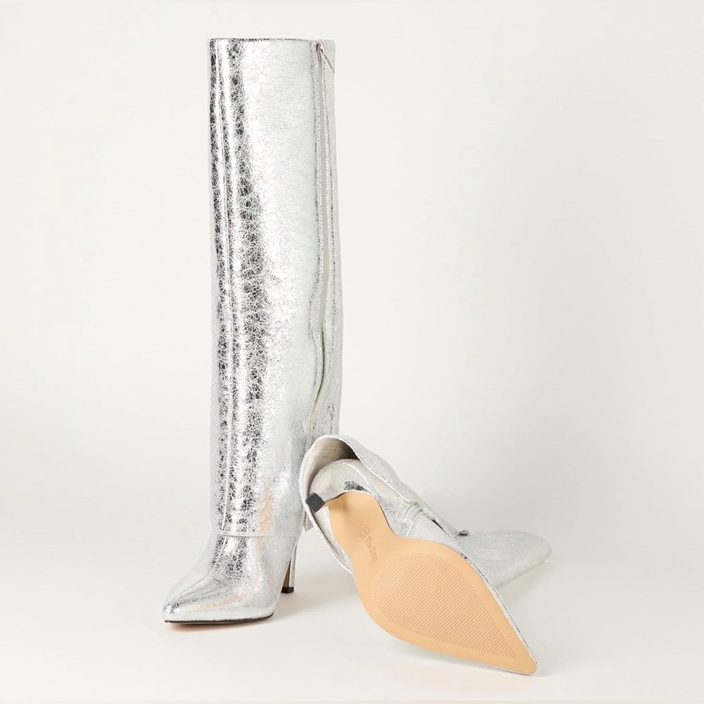 The Drop Women's Jolene Fold Over Tall Boot Classic Size: 9 Silver Crackle New - Picture 5 of 10